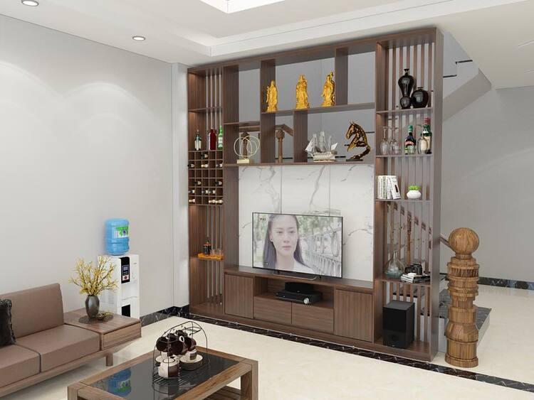 Vách ngăn cầu thang kết hợp kệ tivi tạo điểm nhấn đặc biệt 