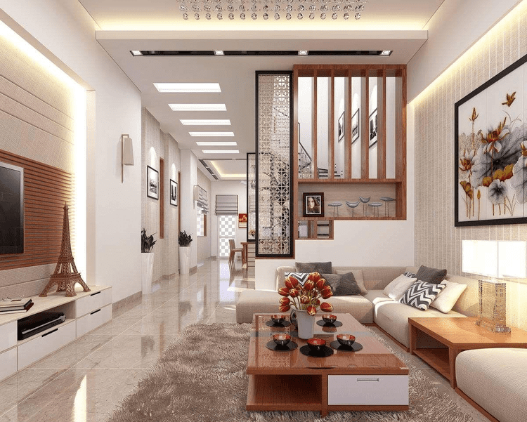 Mẫu vách ngăn cầu thang nhà ống hiện đại đơn giản, tinh tế từ gỗ công nghiệp