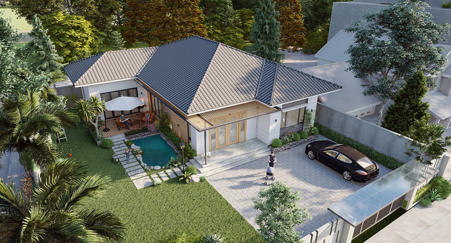 Mẫu nhà cấp 4 mái Thái hiện đại kết hợp sân vườn gần gũi thiên nhiên