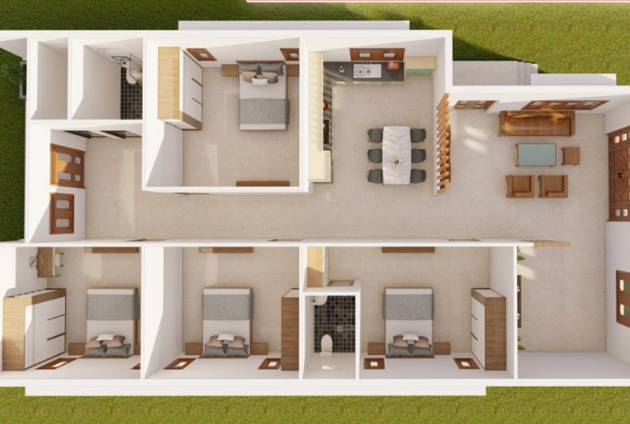 Mẫu bố trí công năng nhà cấp 4 mái Thái 4 phòng ngủ rộng rãi