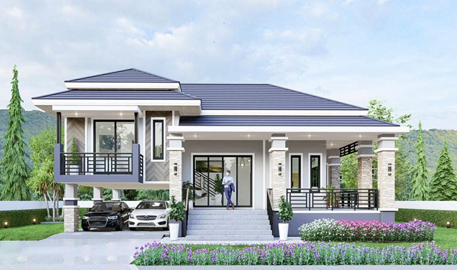 Mẫu nhà cấp 4 mái Thái có gara ô tô thoáng đãng, cao ráo