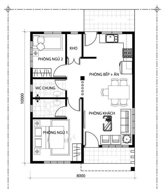 Mặt bằng công năng của mẫu nhà cấp 4 2 phòng ngủ 80m2 8x10 (Nguồn: Internet)