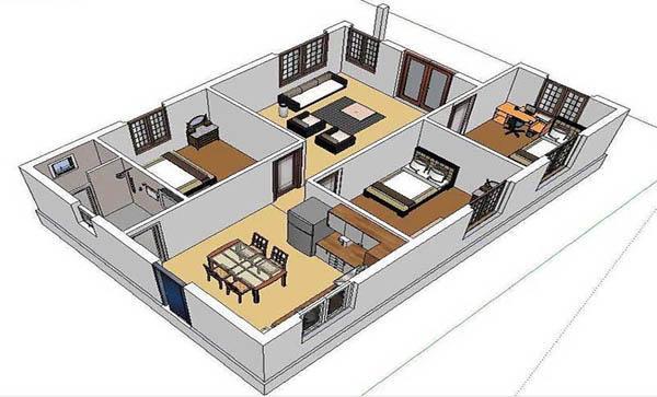 Bản vẽ nhà cấp 4 2 phòng ngủ 80m2 kết hợp không gian làm việc tại nhà riêng tư (Nguồn: Internet)