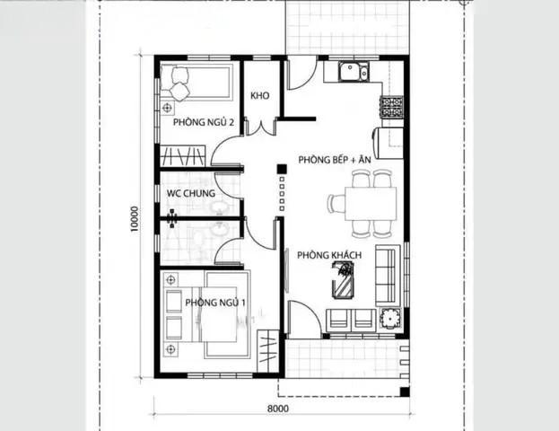 Bản vẽ mặt bằng nhà cấp 4 80m2 có 2 nhà vệ sinh riêng (Nguồn: Internet)