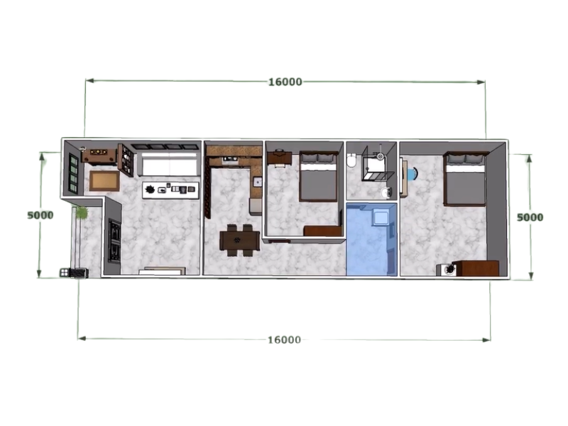 Bản vẽ 3D mặt bằng nhà cấp 4 2 phòng ngủ 80m2 nhà ống 5x16m (Nguồn: Internet)
