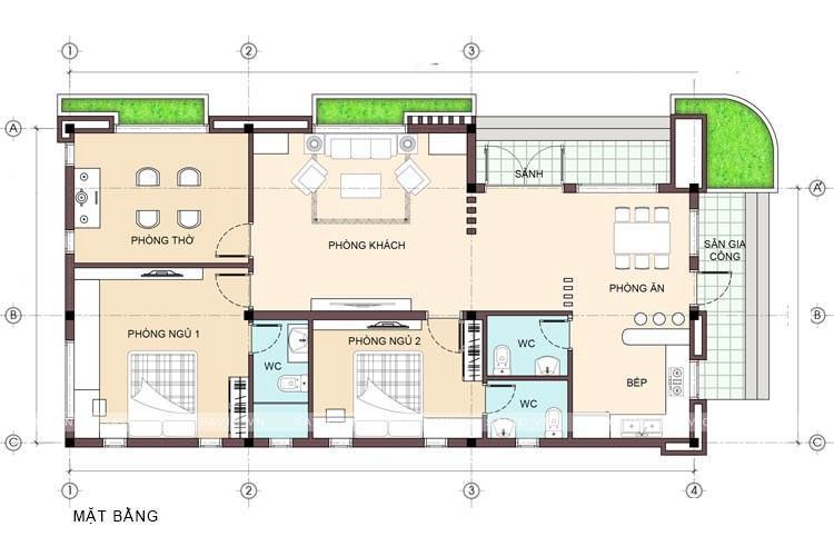 Bản vẽ bố trí công năng nhà cấp 4 80m2 có 2 phòng ngủ cạnh nhau (Nguồn: Internet)