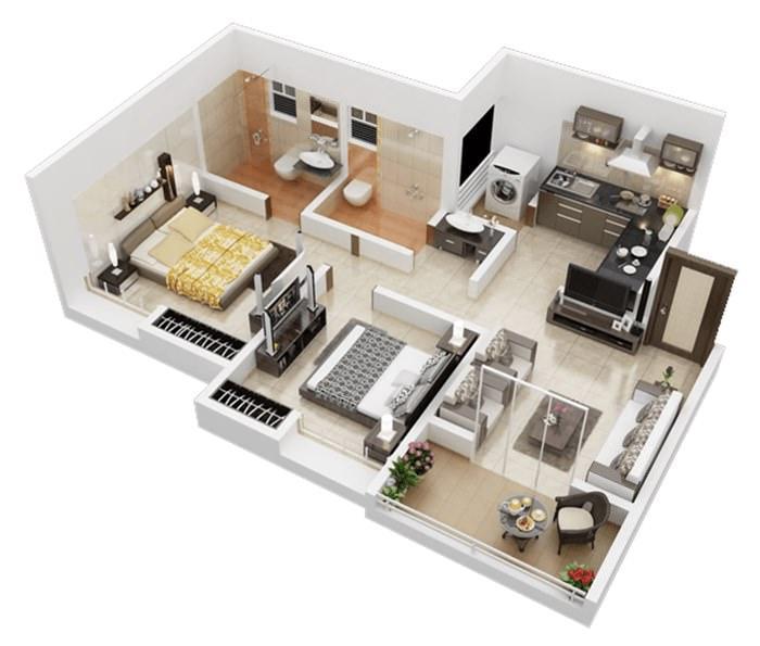 Bản vẽ 3D mặt bằng nhà cấp 4 80m2 2 phòng ngủ đối diện (Nguồn: Internet)