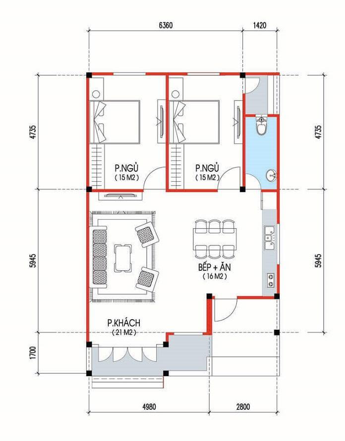 Bản vẽ mặt bằng nhà cấp 4 80m2 2 phòng ngủ ở cuối nhà (Nguồn: Internet)