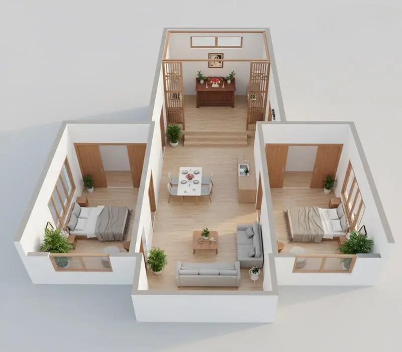 Bản vẽ 3D nhà cấp 4 80m2 có phòng thờ được ngăn cách bởi vách ngăn (Nguồn: Internet)