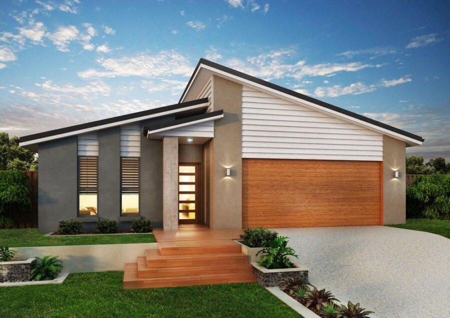 Mẫu nhà cấp 4 80m2 với thiết kế mái lệch ấm cúng cùng họa tiết vân gỗ (Nguồn: Internet)