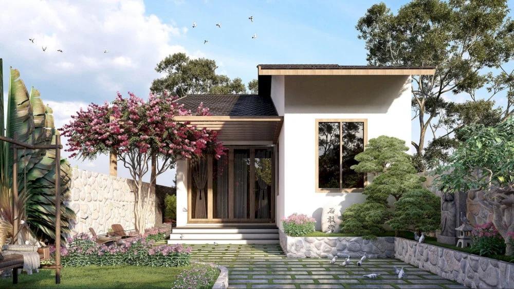 Nhà cấp 4 80m2 chữ L sử dụng cửa ra vào và cửa sổ kính lớn đón nắng (Nguồn: Internet)
