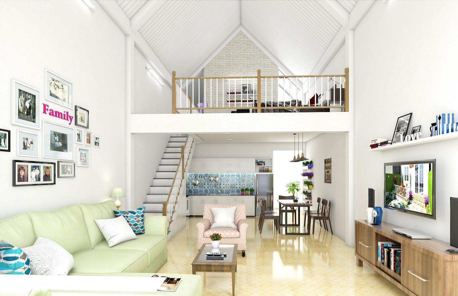 Mẫu nhà cấp 4 diện tích nhỏ tối ưu diện tích bằng giải pháp cơi nới gác lửng hiện đại giúp tăng không gian sử dụng và phân tách chức năng hợp lý (Nguồn: Internet)