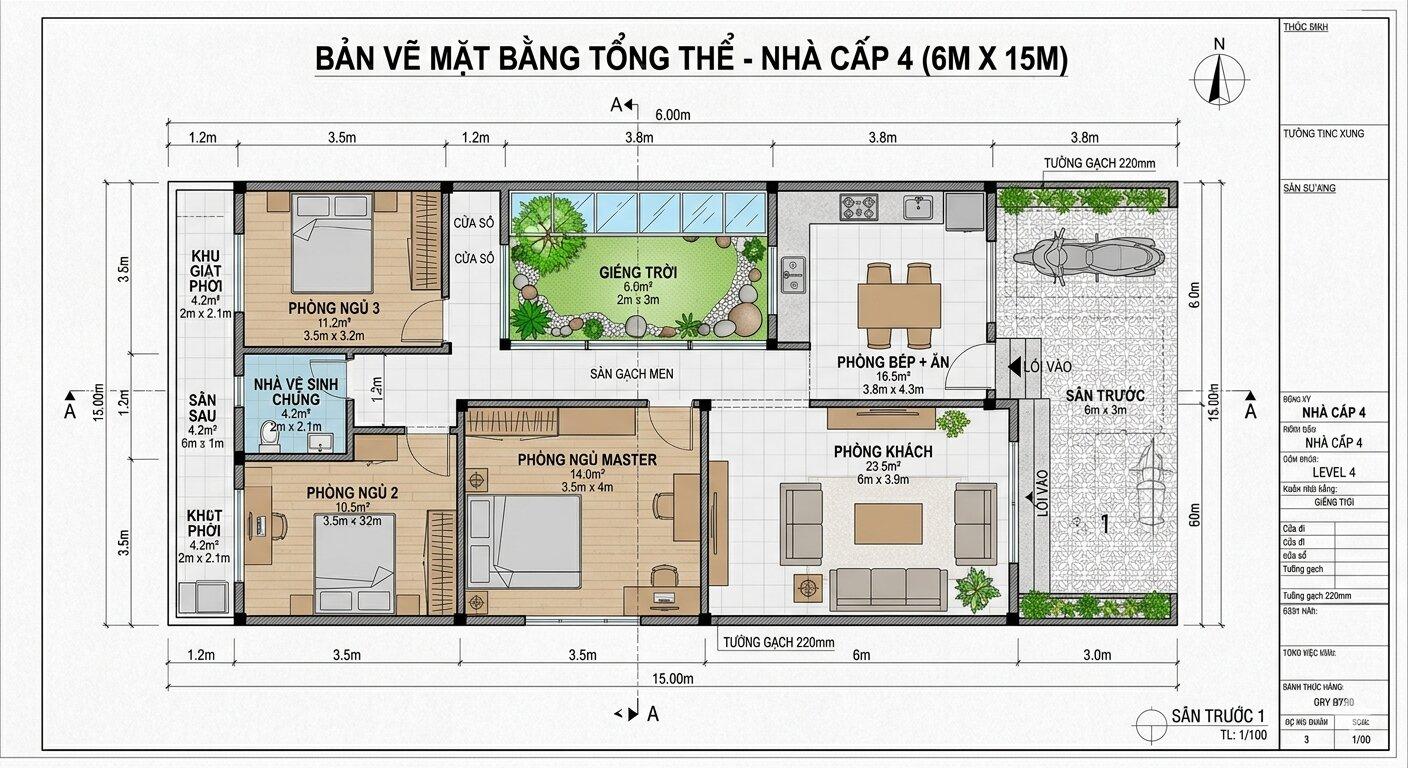 Bản vẽ nhà cấp 4 ngang 6m 3 phòng ngủ kết hợp giếng trời
