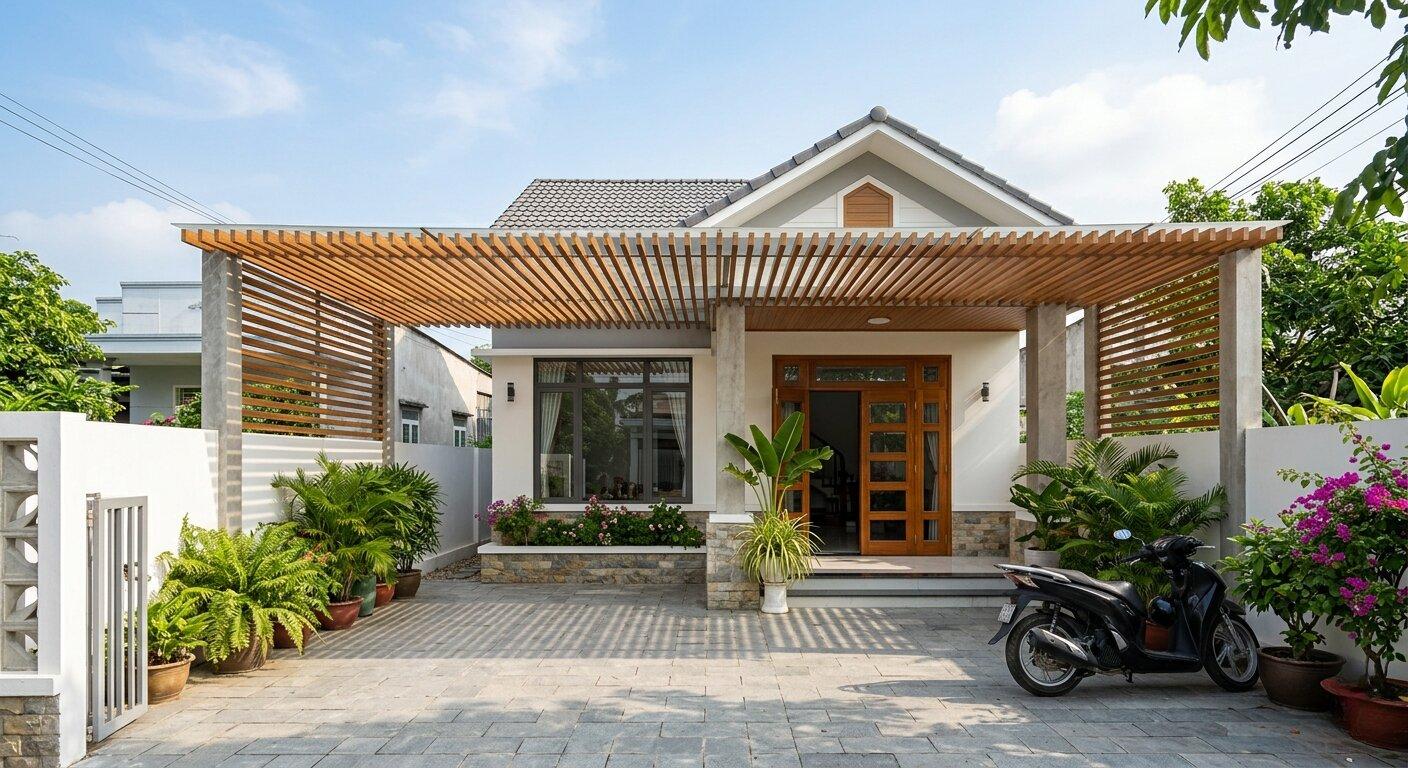 Nhà cấp 4 ngang 6m 3 phòng ngủ kết hợp lam che nắng cho sân trước
