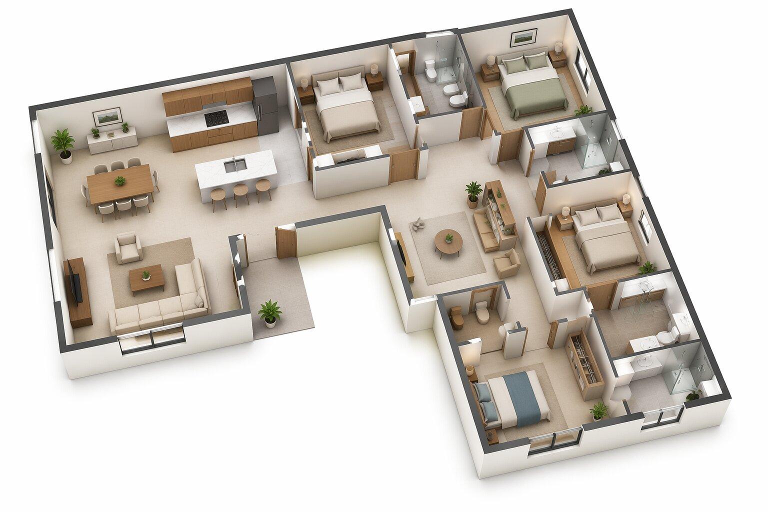 Gợi ý bố trí không gian phòng chức năng đối với nhà hình chữ L 100m2