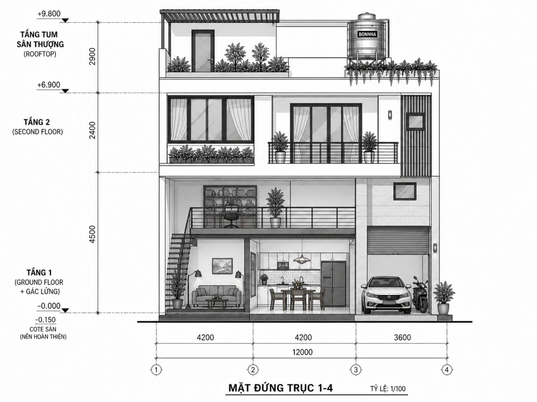 Tham khảo cấu trúc mẫu cho nhà 2 tầng gác lửng