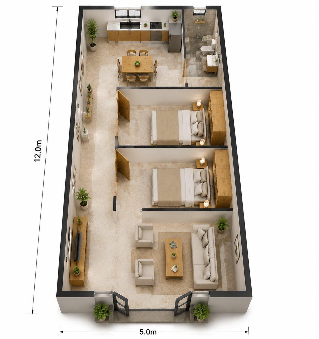 Gợi ý cách bố trí nhà cấp 4 5x12m 2 phòng ngủ ở giữa nhà