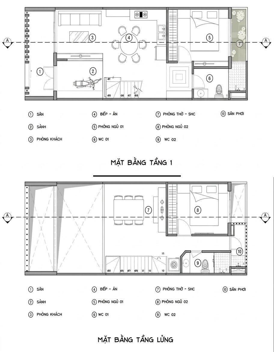 Bản vẽ nhà cấp 4 5x12 có 1 phòng ngủ bên dưới, 1 phòng ngủ trên gác lửng (Nguồn: Internet)