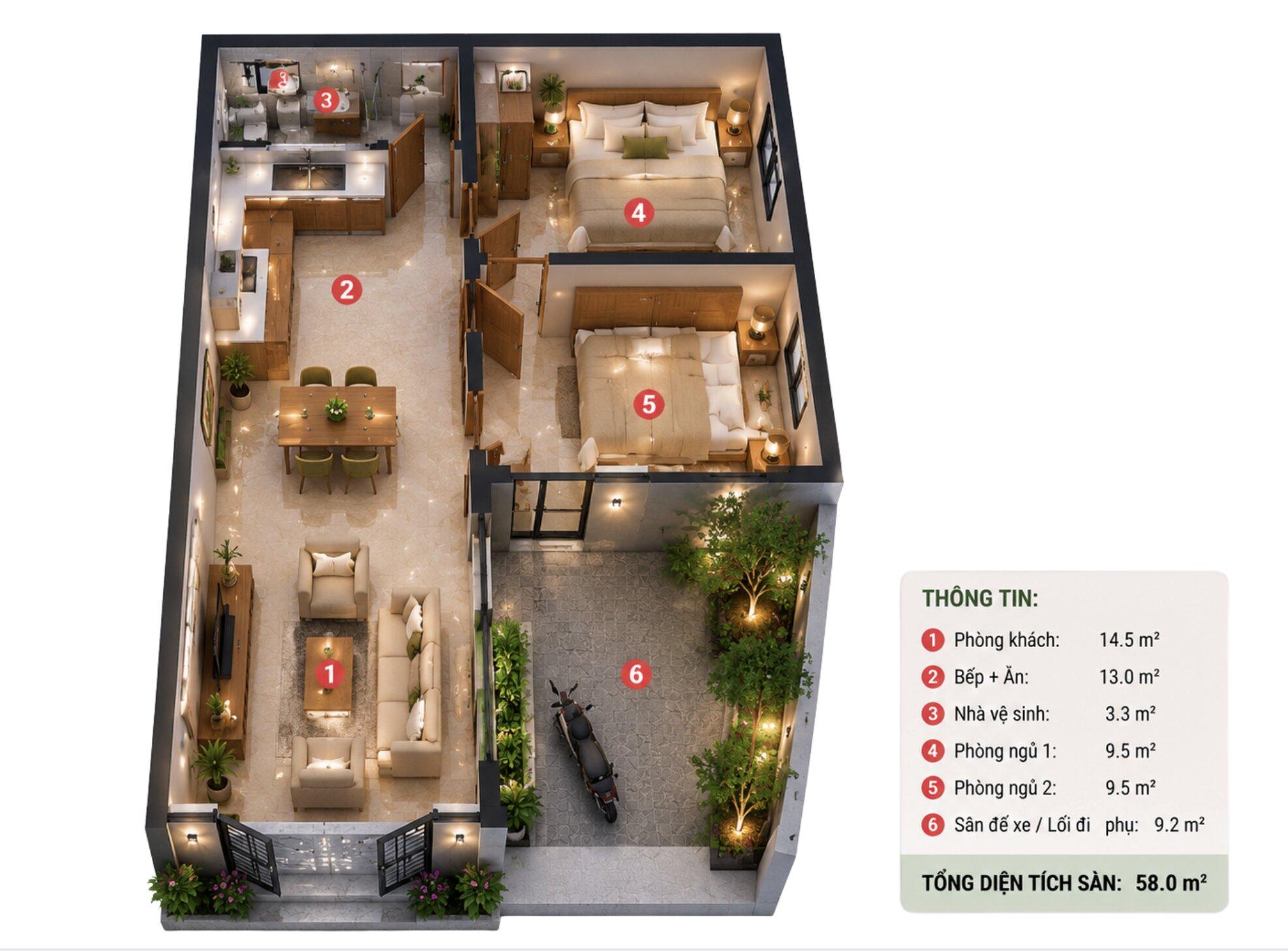 Gợi ý cách bố trí công năng nhà cấp 4 chữ L 2 phòng ngủ