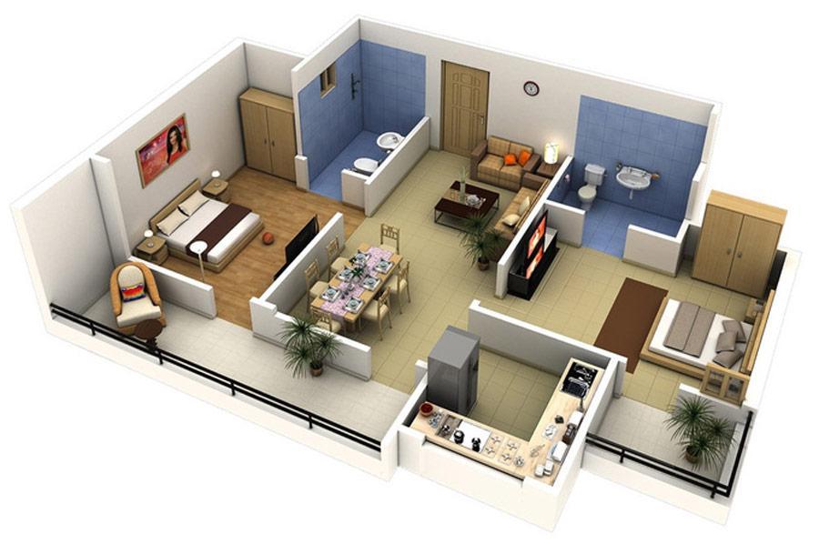 Bản vẽ 3D nhà 70m2 cấp 4 có phòng khách - bếp ở giữa, 2 phòng ngủ 2 bên (Nguồn: Internet)