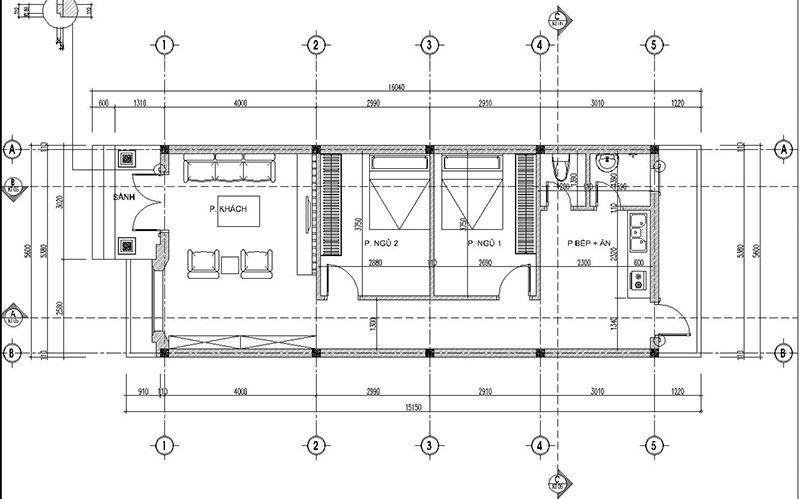 Bản vẽ thiết kế mặt bằng nhà cấp 4 70m2 2 phòng ngủ ở giữa nhà (Nguồn: Internet)