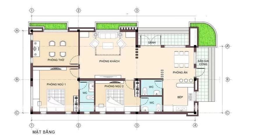 Nhà cấp 4 70m2 2 phòng ngủ 1 phòng thờ cạnh phòng khách (Nguồn: Internet)