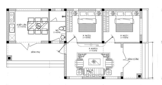 Bản vẽ nhà cấp 4 2 phòng ngủ 70m2 2 phòng ngủ chữ L kết hợp sảnh nhà (Nguồn: Internet)