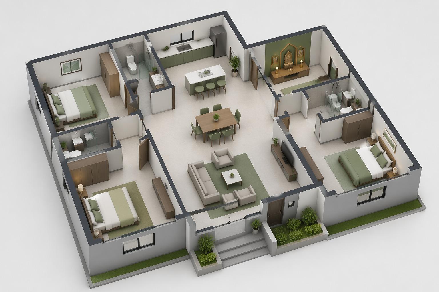 Thiết kế nhà 70m2 tích hợp khu vực thờ phù hợp nhu cầu sử dụng thực tế