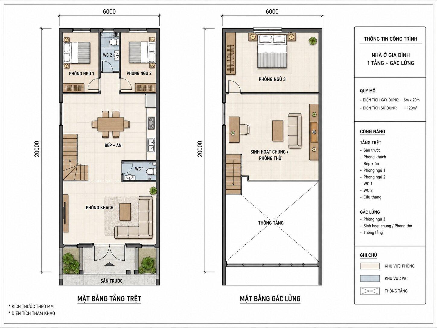 Bản vẽ nhà 6x20m có gác lửng bố trí 3 phòng ngủ tối ưu công năng
