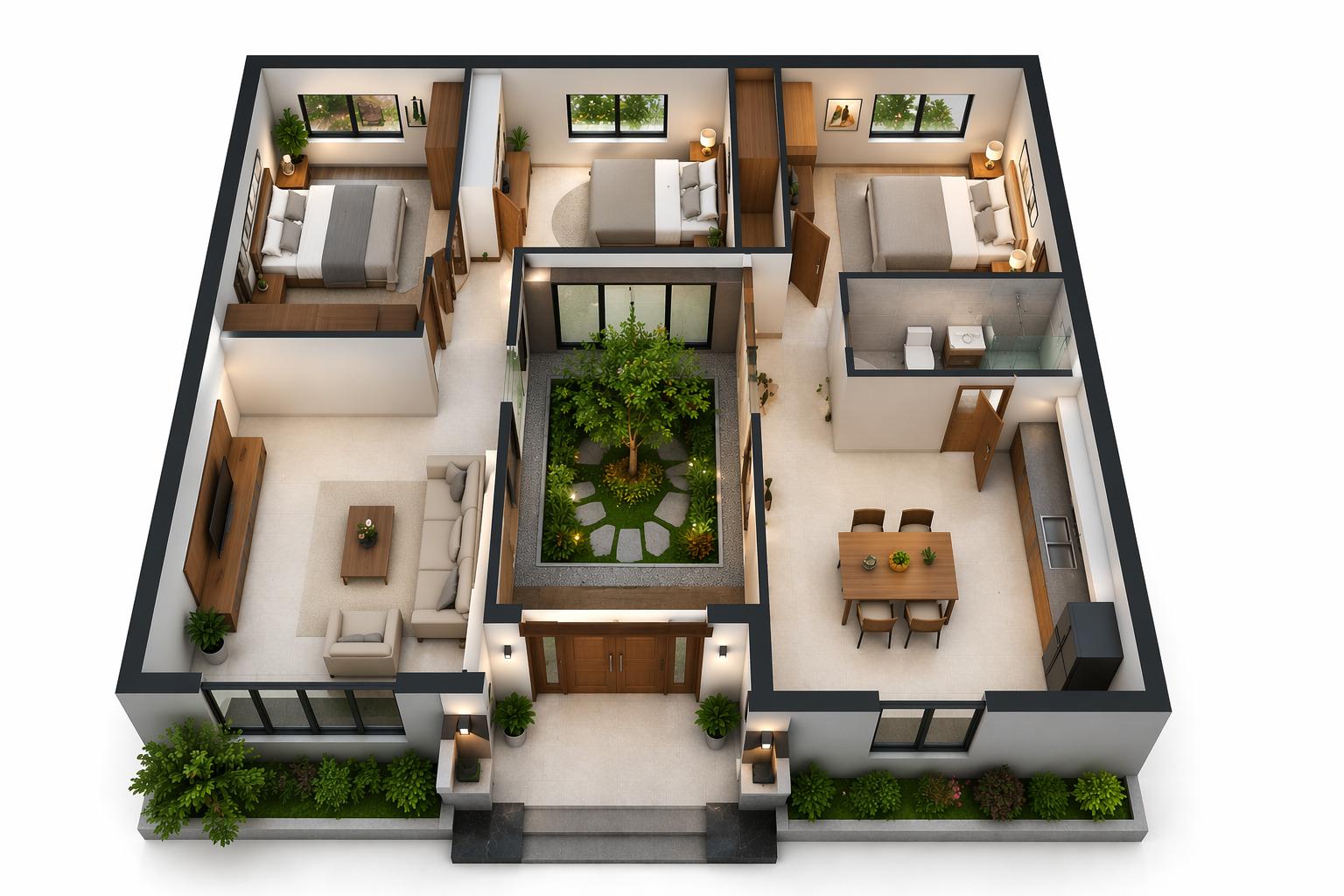 Thiết kế giếng trời kèm tiểu cảnh để khu vực giữa nhà không bị tối và bí