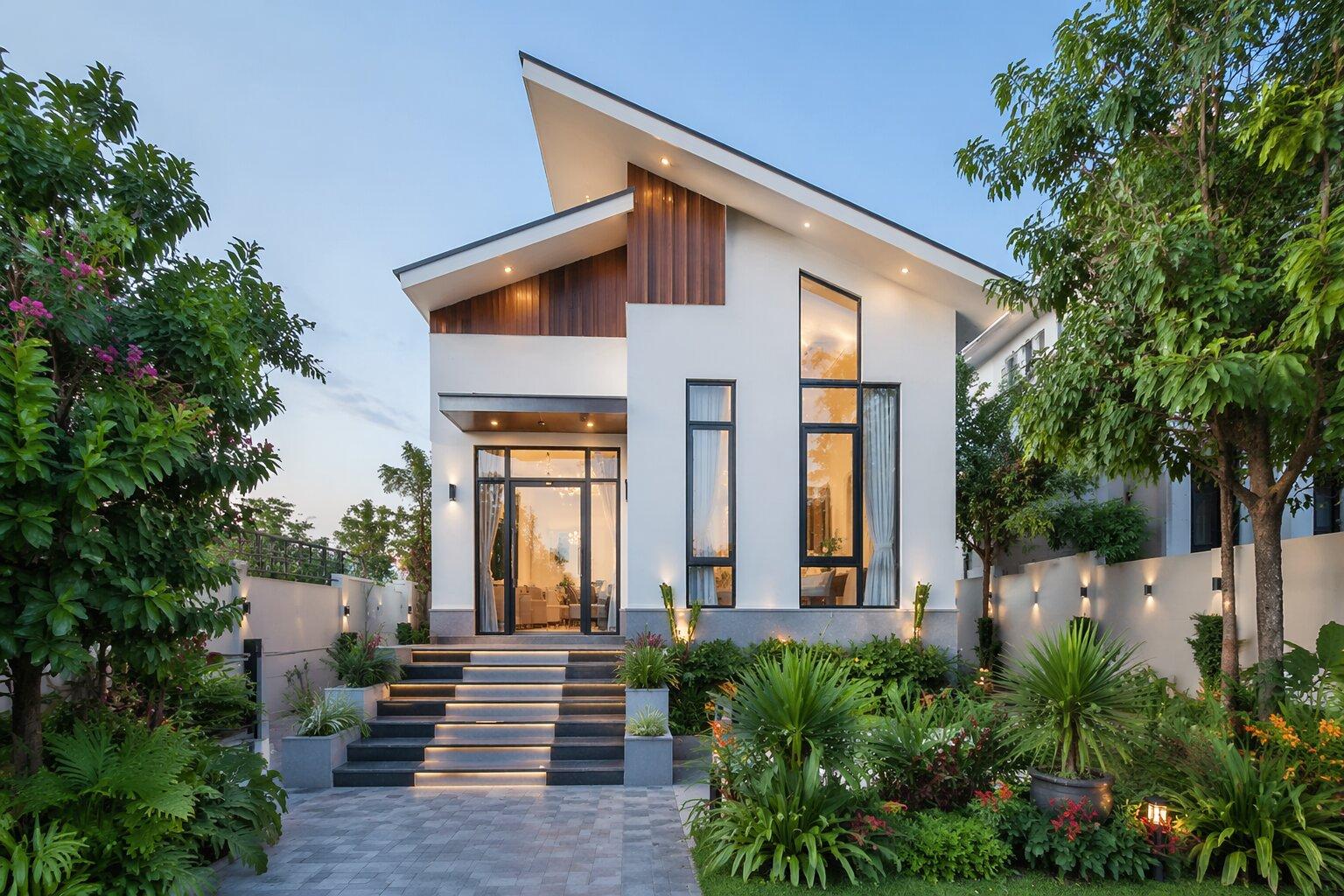 Mặt tiền nhà cấp 4 mái lệch tạo điểm nhấn kiến trúc độc đáo và cá tính cho nhà gác lửng