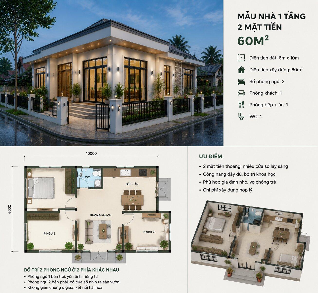 Mẫu nhà cấp 4 2 mặt tiền 60m2 tối ưu diện tích với tông màu nhã nhặn, mang lại vẻ đẹp ấm cúng và tiện nghi