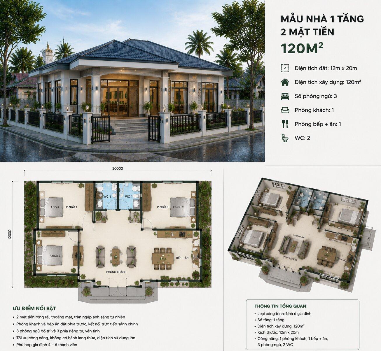 Gợi ý cách bố trí công năng trong nhà cấp 4 2 mặt tiền 120m2
