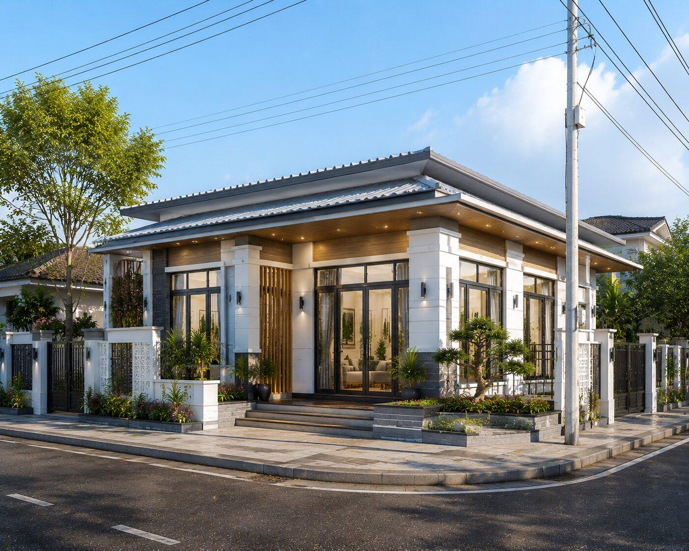 Mẫu nhà cấp 4 mái tôn hiện đại sử dụng tông màu trắng và hệ cửa kính lớn giúp không gian luôn sáng sủa và thoáng đãng