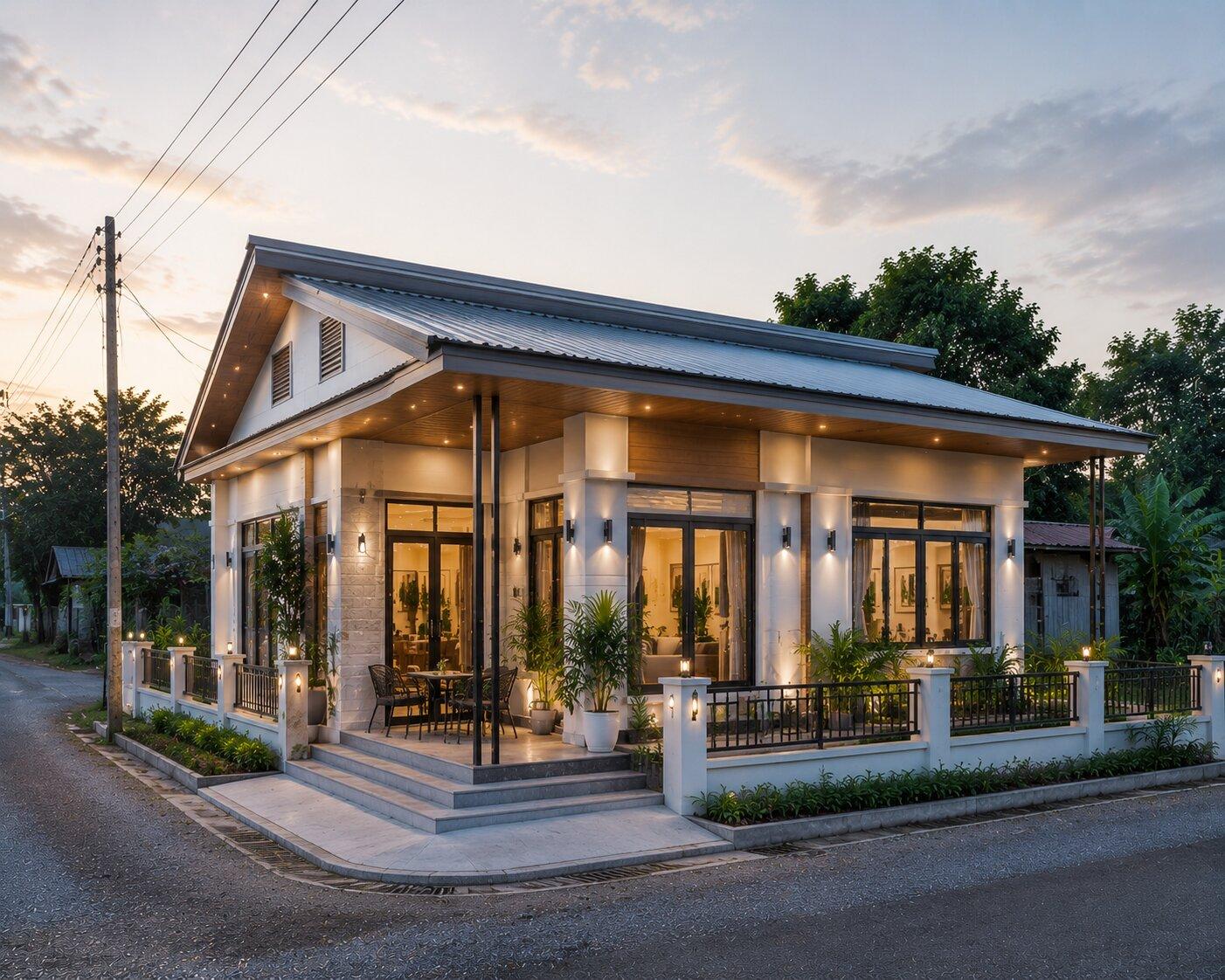 Mẫu nhà cấp 4 hai mặt tiền mái tôn mang thiết kế tối giản, nổi bật với vẻ đẹp thanh bình cùng hệ cửa sổ lá sách và sân hiên mộc mạc