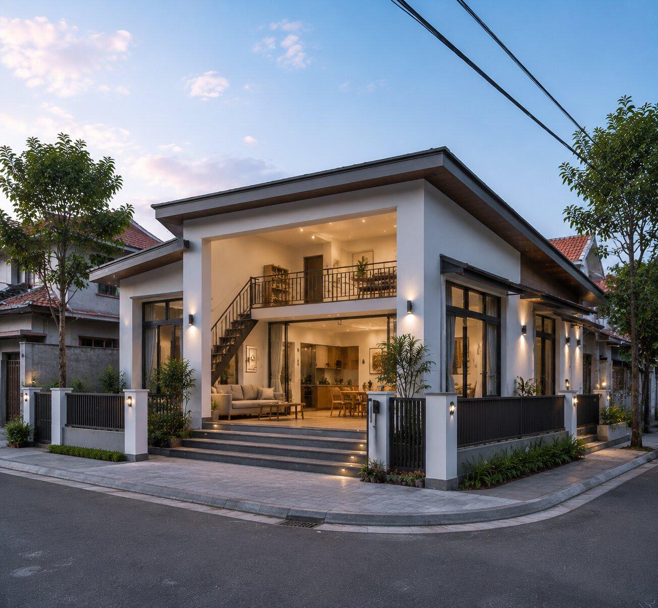 Mẫu nhà cấp 4 gác lửng hiện đại nhờ thiết kế cửa kính lớn và ánh sáng vàng ấm áp