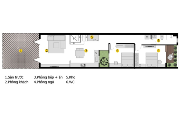 Bản vẽ nhà cấp 4 60m2 2 phòng ngủ 4x15 (Nguồn: Internet)