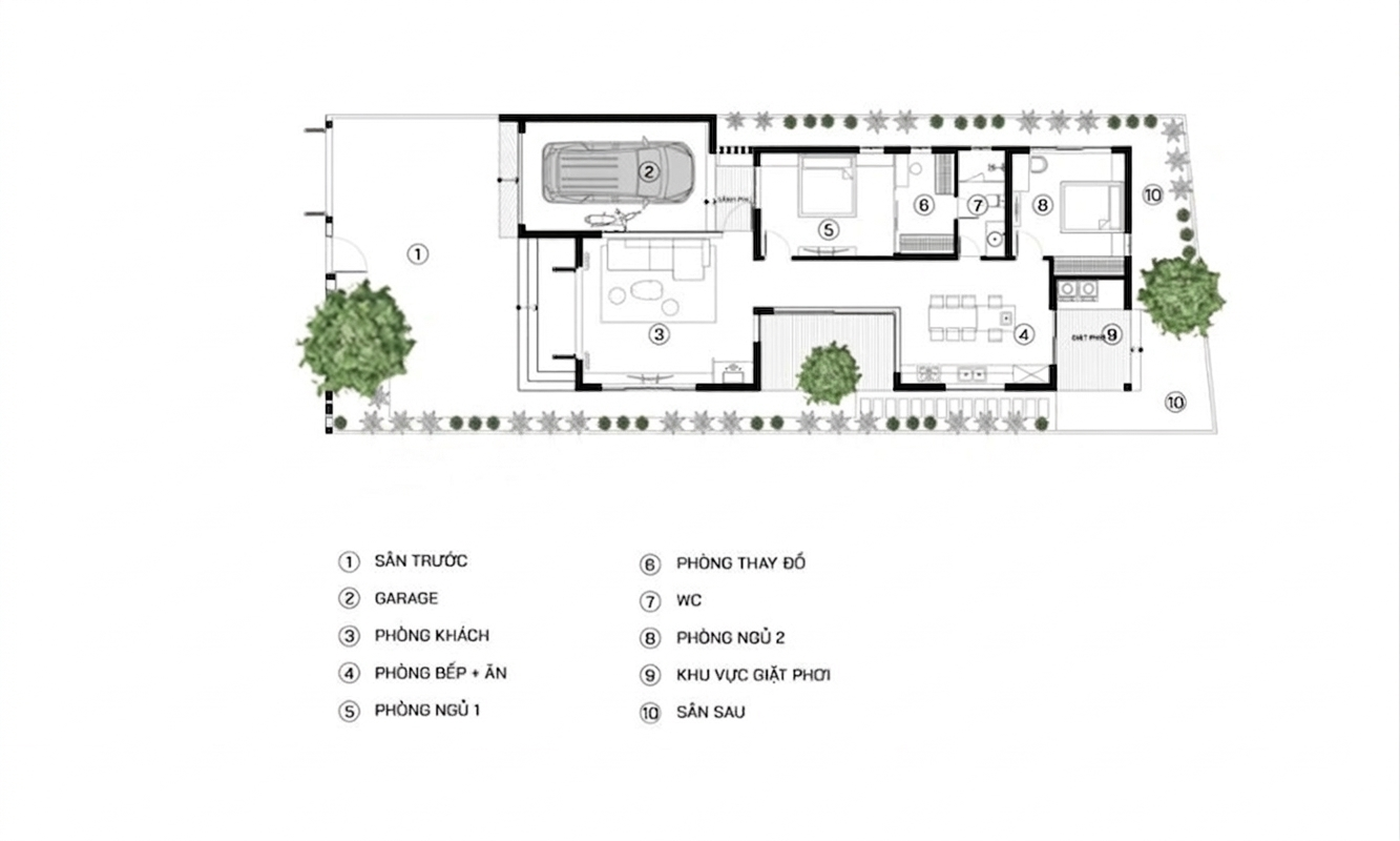 Bản vẽ mặt bằng nhà cấp 4 60m2 2 phòng có gara để xe (Nguồn: Internet)