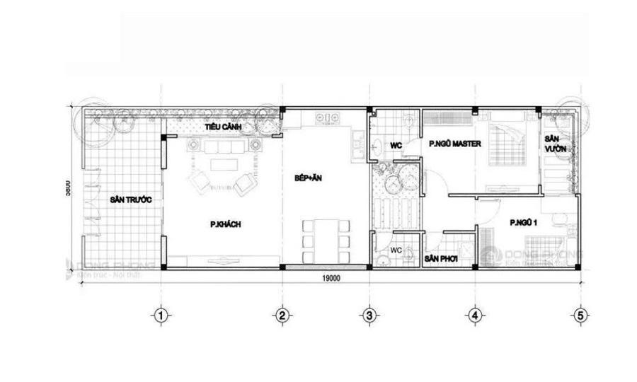 Bản vẽ mặt bằng nhà cấp 4 2 phòng ngủ, diện tích 60m2 5x12m (Nguồn: Internet)