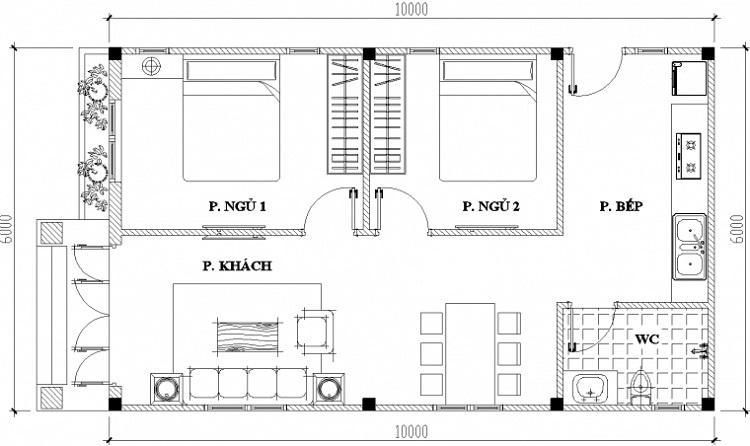 Bản vẽ nhà cấp 4 2 phòng ngủ, diện tích 60m2 6x10m (Nguồn: Internet)