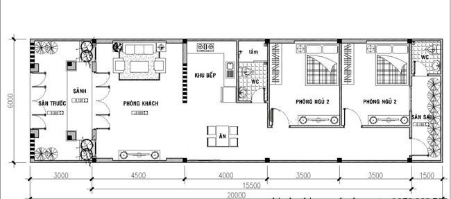 Bản vẽ nhà cấp 4 60m2 2 phòng ngủ cạnh nhau (Nguồn: Internet)