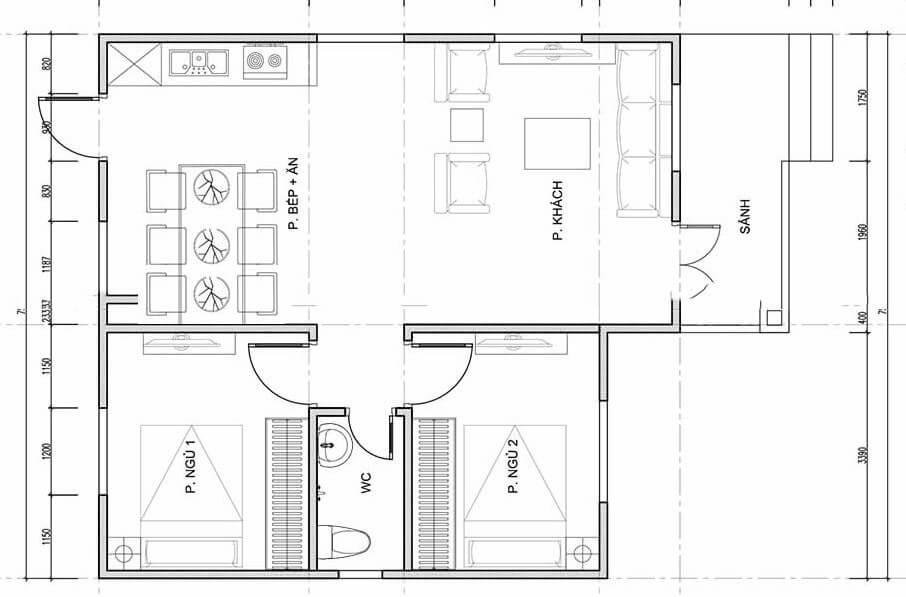 Bản vẽ mặt bằng nhà cấp 4 60m2 2 phòng ngủ chữ L