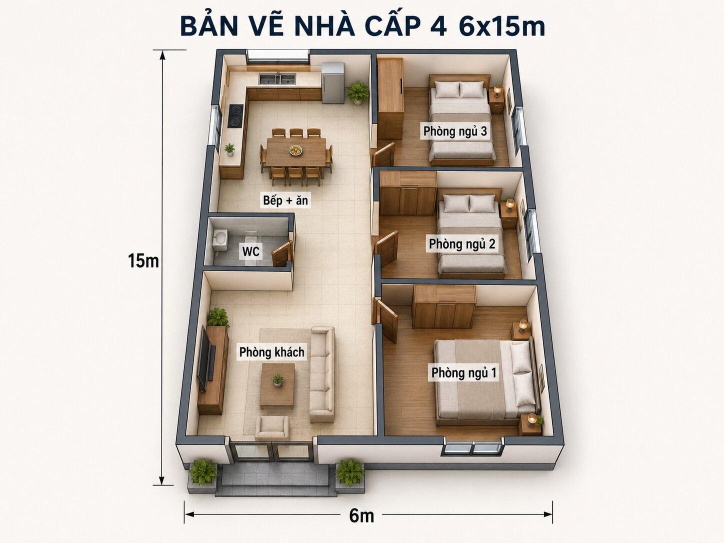 Bản vẽ nhà cấp 4 6x15m bố trí 3 phòng ngủ dồn về 1 phía