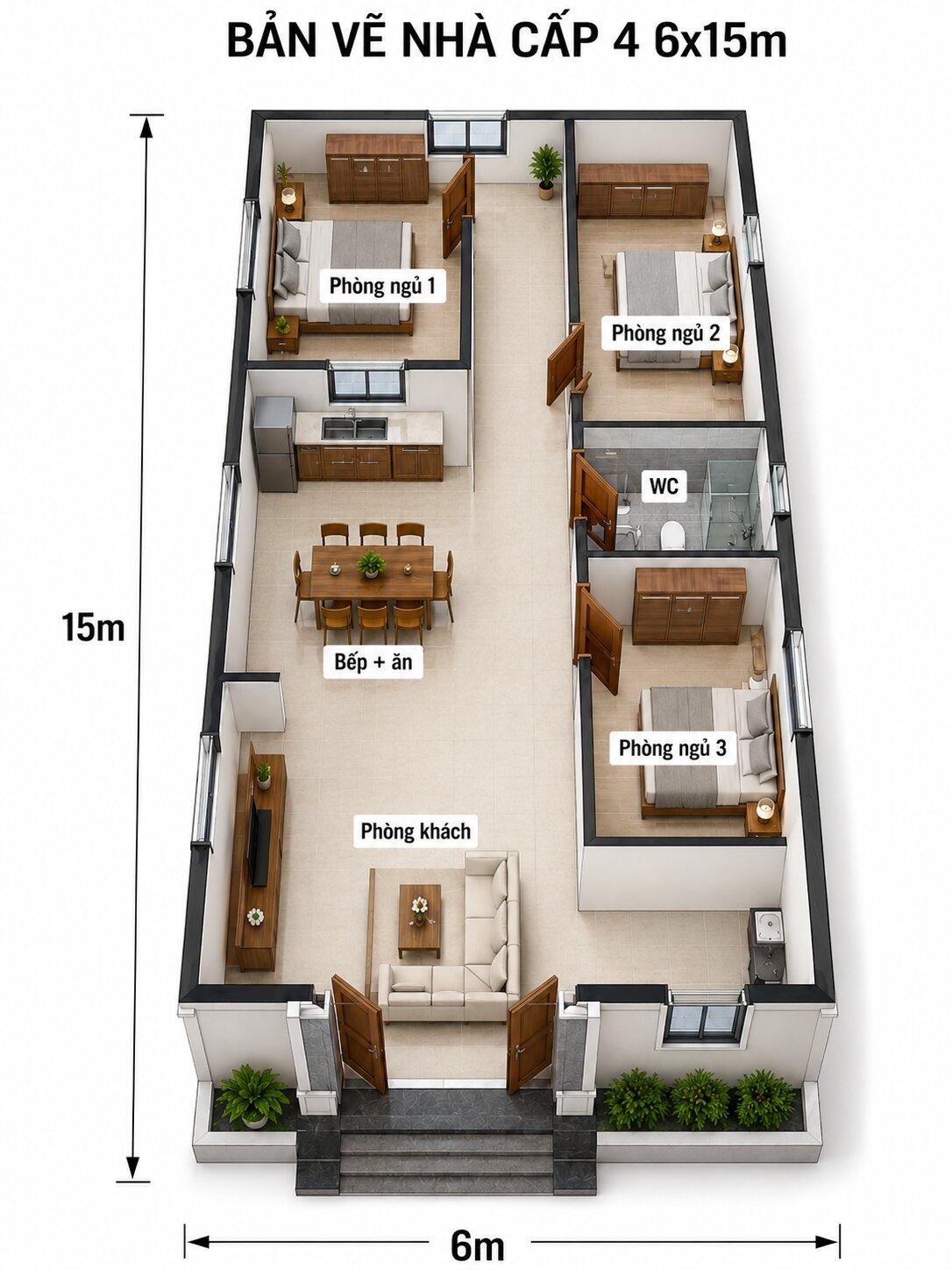 Bản vẽ nhà cấp 4 6x15m có 3 phòng ngủ bố trí thành hình chữ L