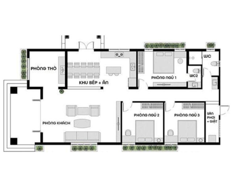 Bản vẽ mặt bằng nhà cấp 4 6x15 3 phòng ngủ bố trí hình chữ U (Nguồn: Internet)