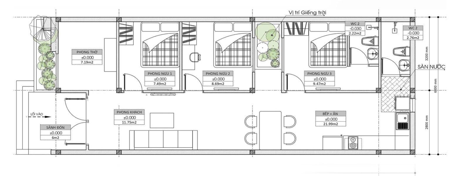 Bản vẽ nhà cấp 4 6x15m 3 phòng ngủ có giếng trời (Nguồn: Internet)
