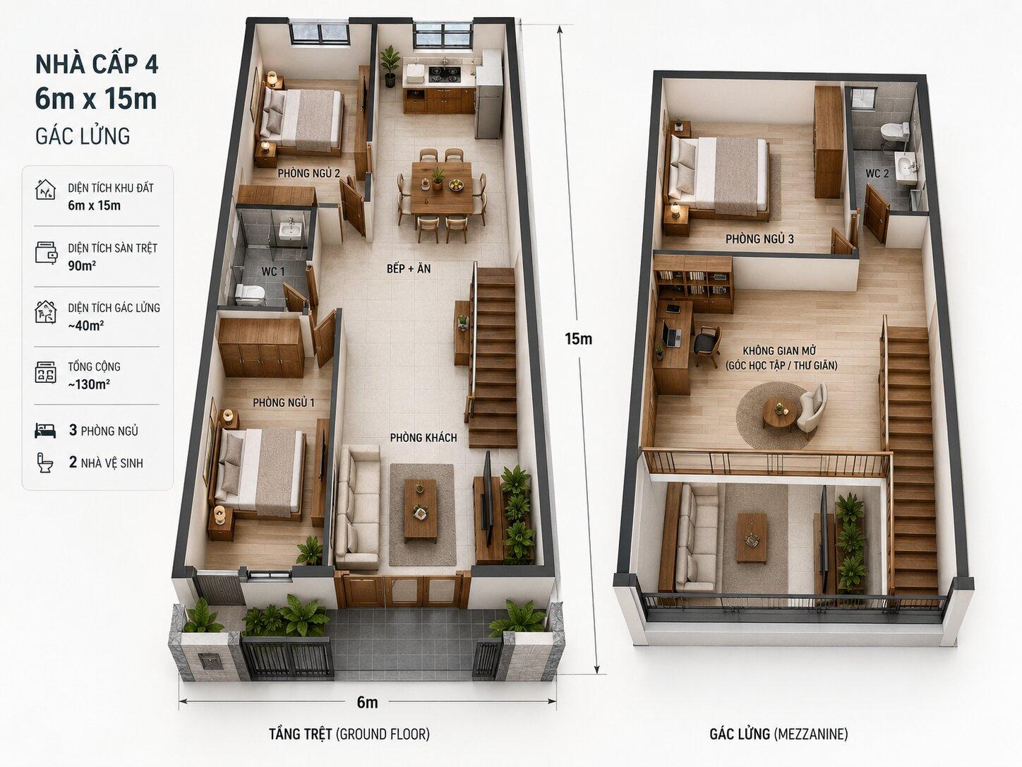 Bản vẽ mẫu nhà cấp 4 6x15m 3 p