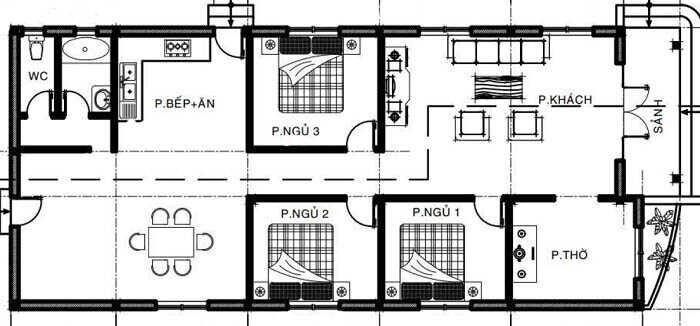 Bản vẽ nhà cấp 4 6x15 3 phòng ngủ có phòng thờ phía trước (Nguồn: Internet)