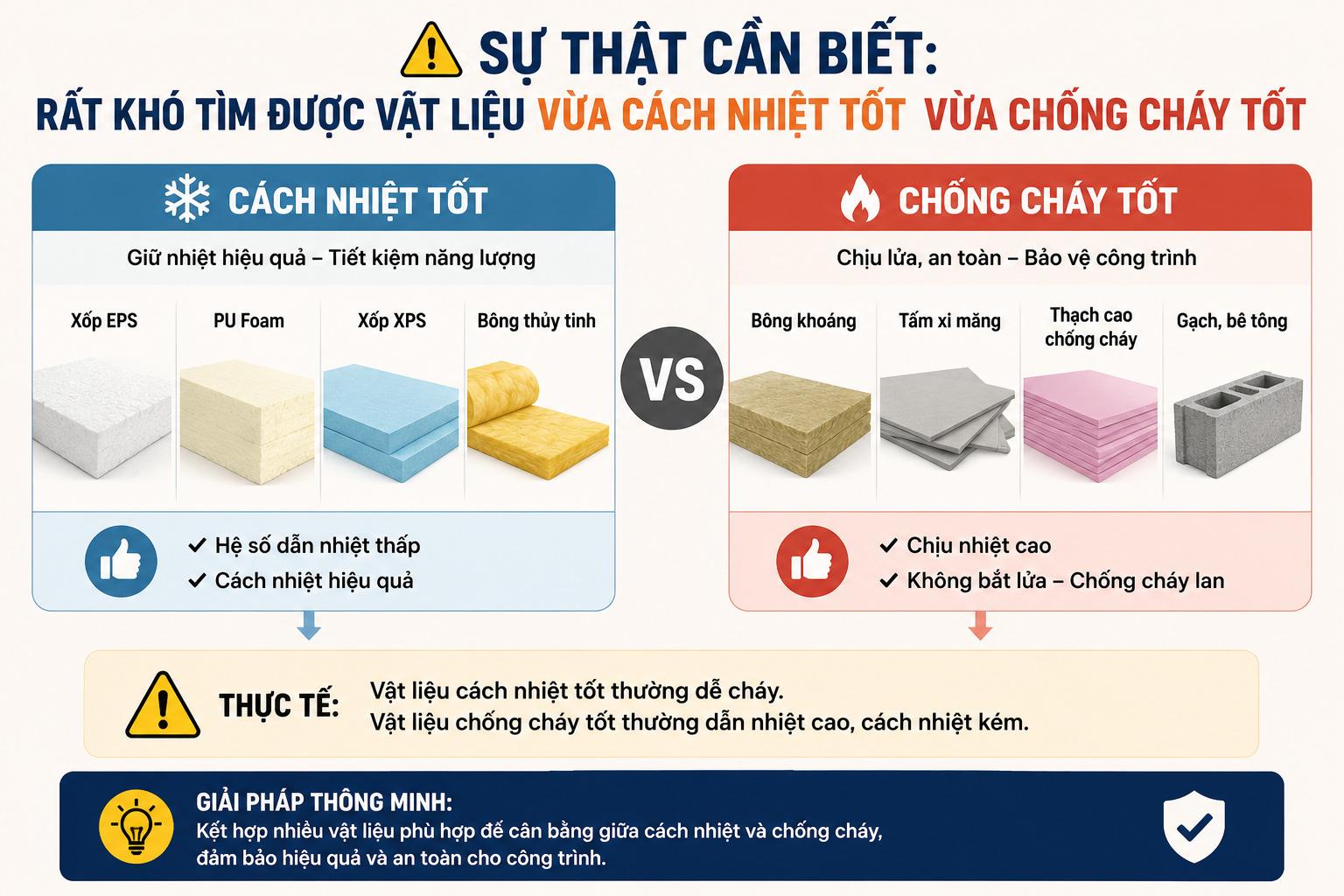 Nên kết hợp nhiều vật liệu phù hợp để cân bằng giữa cách nhiệt và chống cháy để đảm bảo hiệu quả và an toàn cho công trình