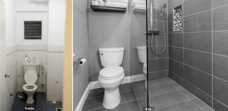 Hình ảnh trước và sau cải tạo phòng vệ sinh cũ thành không gian sạch sẽ, hiện đại (Nguồn: Internet)